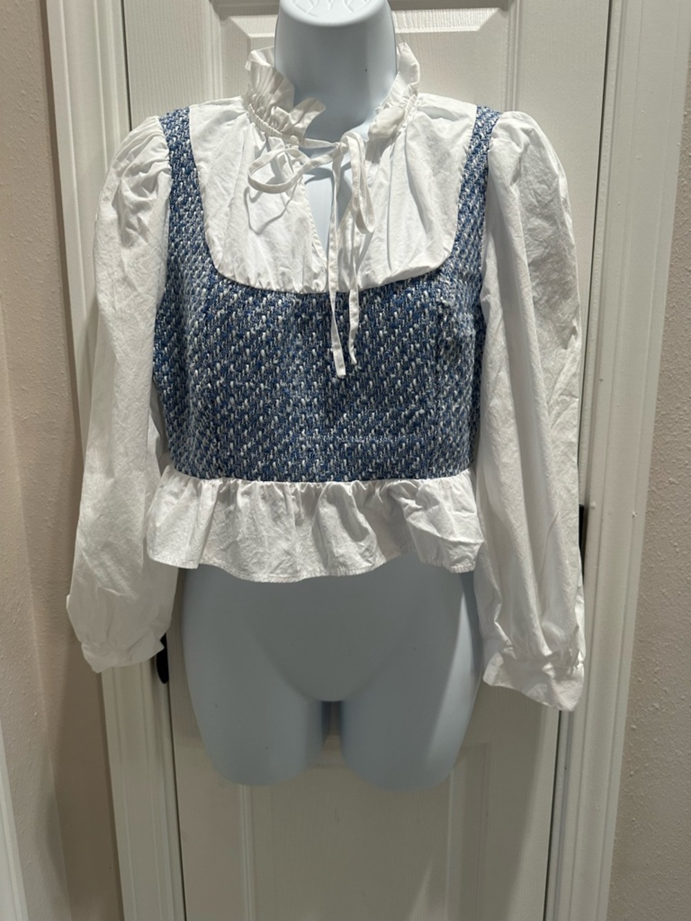 Zara White Blouse with Blue Tweed Cropped Bodice